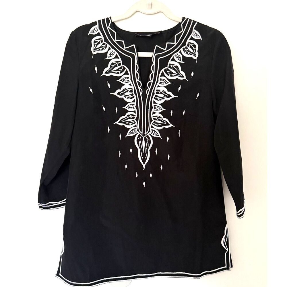 DK Encore by Daniel Kiviat Embroidered 3/4 Sleeves Black Tunic Sz XS